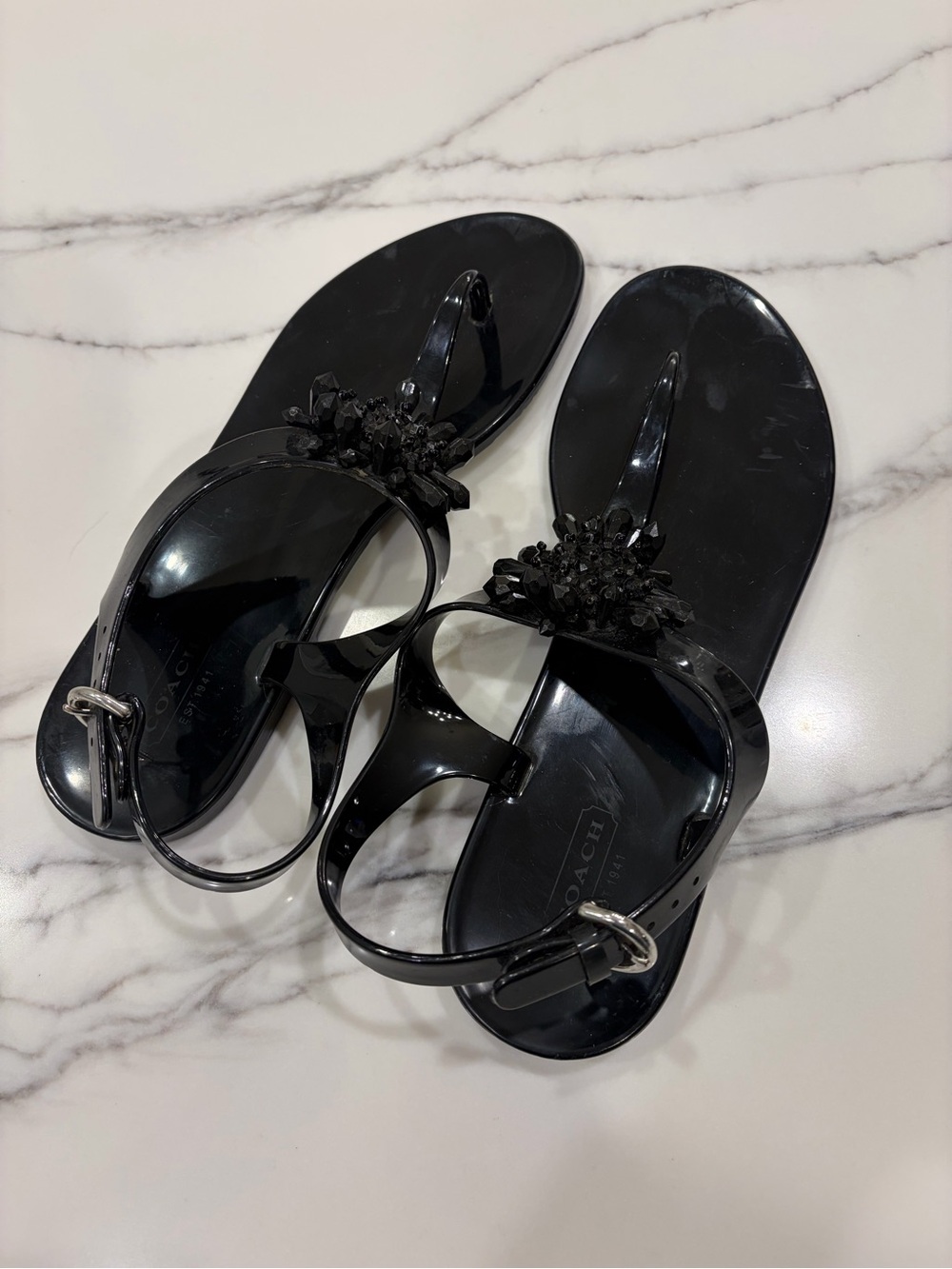 Coach Black Hilda Jelly T-Strap Sandals with Crystal Floral Cluster size 9